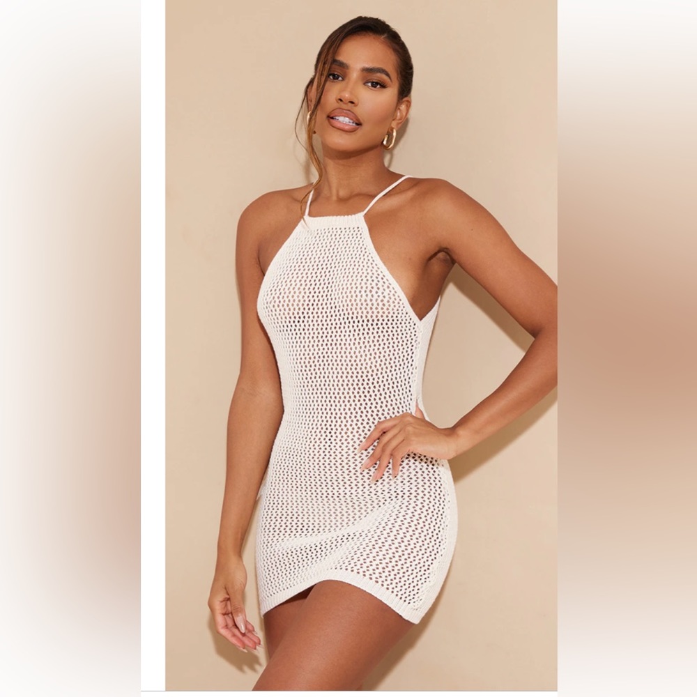 Oatmeal crochet to strap mini dress